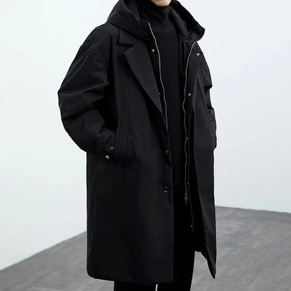 Men's Long Waterproof Puffer Trench Coat with Hood
