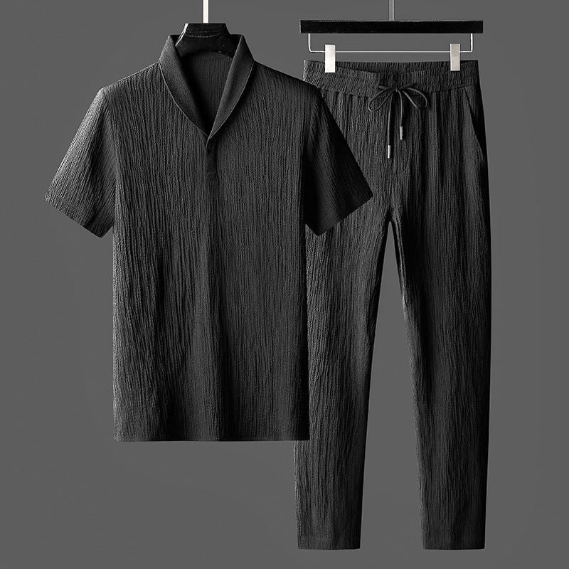 Men's Two-Piece Set with Short-Sleeve Polo Shirt and Relaxed Pants