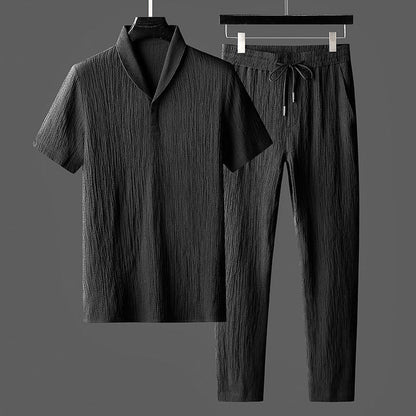 Men's Two-Piece Set with Short-Sleeve Polo Shirt and Relaxed Pants