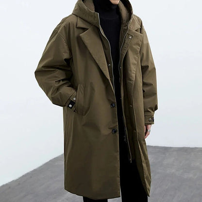 Men's Long Waterproof Puffer Trench Coat with Hood
