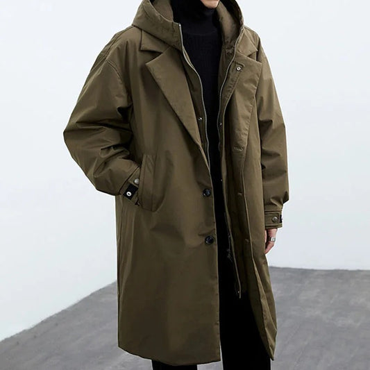 Men's Long Waterproof Puffer Trench Coat with Hood